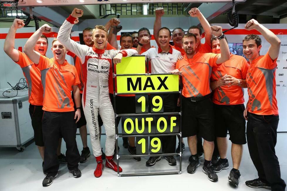 Anlässe zum Feiern, der Bedeutung nach geordnet. Platz drei: Rookie Max Chilton sieht in allen 19 Rennen die Zielflagge. Das hat seit Tiago Monteiro im Jahr 2005 kein Formel-1-Neuling mehr geschafft.