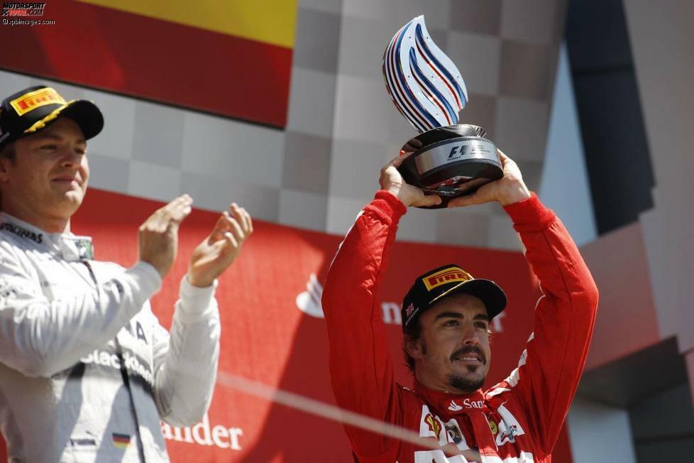 In Silverstone wird Alonso Dritter, Sieger Rosberg applaudiert. Teamchef Stefano Domenicali bezeichnet das Rennen im Nachhinein als Wendepunkt - von da an sei es mit Ferrari bergab gegangen.