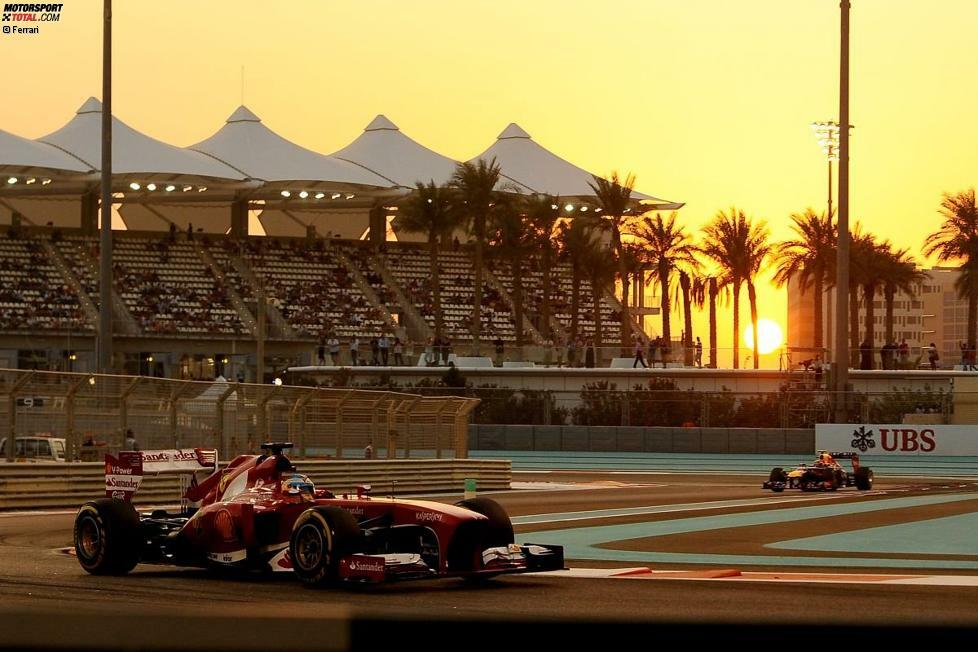 Beim Sonnenuntergang von Abu Dhabi findet Alonso mit einem gewagten Überholmanöver am Boxenausgang zu alter Form zurück und holt mit Platz fünf das Maximum aus seinem Ferrari heraus.