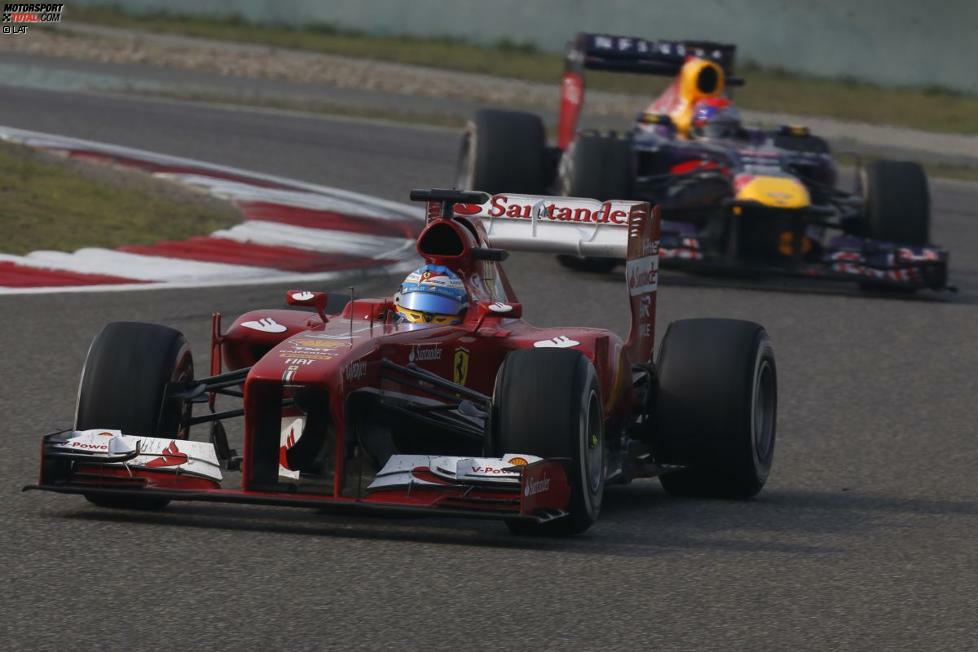 Der erste Rückschlag für Vettel folgt beim dritten Rennen in China. Der Deutsche verpasst zum ersten von insgesamt nur drei Malen das Podest, auch wenn er in der Schlussphase auf frischen Reifen eine wahnsinnige Aufholjagd leistet. Auf Sieger Alonso fehlen am Ende zwölf Sekunden.
