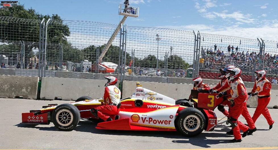 ... und Tabellenführer Helio Castroneves strandet zweimal mit defektem Getriebe. Führungswechsel! Dixon fährt als neuer und klarer Leader nach Fontana!