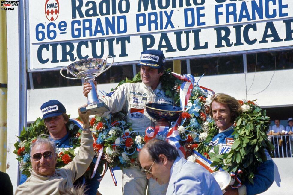 Der Australier Alan Jones ließ elf weitere Siege folgen (hier beim Grand Prix von Frankreich 1980): vier 1979, fünf 1980 und zwei 1981. 1980 wurde er außerdem erster Williams-Weltmeister der Formel-1-Geschichte. Brawn war damals noch ein verhältnismäßig kleines Rad am großen Williams-Wagen.