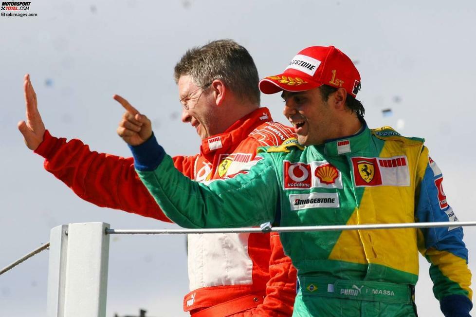 2006 dann erstmals zunehmende Gegenwehr im eigenen Team: Shootingstar Felipe Massa gewann in Istanbul und sein Heimrennen in Sao Paulo (Foto) - und Schumacher beendete seine Karriere. Daraufhin hatte auch Brawn erstmal genug von der Formel 1 - und ging ein Jahr lang Fliegenfischen.
