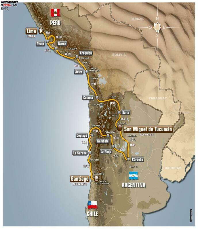 Der Startschuss fällt am 05. Januar in Lima. Insgesamt 14 Etappen warten auf die Teilnehmer. Über 8.500 Kilometer müssen dabei zurückgelegt werden. Davon entfallen über 4.000 Kilometer auf gezeitete Wertungsprüfungen. Lediglich am 13. Januar gibt es am Ruhetag eine Pause von den Strapazen.