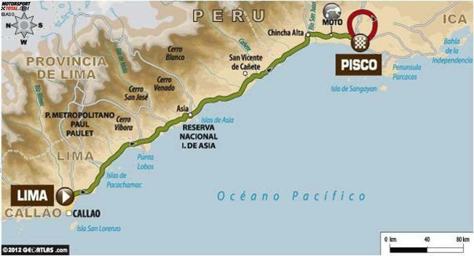 Nach dem offiziellen Start der Rallye Dakar 2013 in Perus Hauptstadt Lima, die im letzten Jahr das Ziel der Rallye Dakar war, geht es zunächst über eine Verbindungspassage entlang des Pazifiks in Richtung Süden nach Pisco. Im Umland der kleinen Hafenstadt erwartet das Teilnehmerfeld eine kurze Aufwärmetappe von nur 13 Kilometern. Die schnellsten Zeiten bestimmen die erste Reihenfolge des Fahrerfeldes.
05. Januar: Lima - Pisco
263 Gesamtkilometer 
13 Kilometer Wertungsprüfung