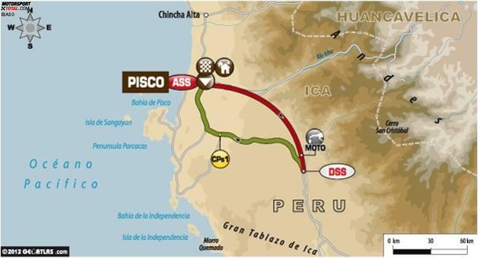 Der erste Test für viele Fahrer und Teams, denn es geht direkt in die Dünen im Umland der Stadt Pisco. Die ausgedehnten Sandfelder sind beeindruckend, aber auch tückisch. Die ersten Teams dürfen hier bereits die Schaufeln auspacken, um ihre Fahrzeuge aus dem Sand zu befreien. Auch die ersten Motoren werden hier heißlaufen. Kein Zweifel: Die Dakar hat definitiv begonnen.
06. Januar: Pisco - Pisco
327 Gesamtkilometer
242 Kilometer Wertungsprüfung