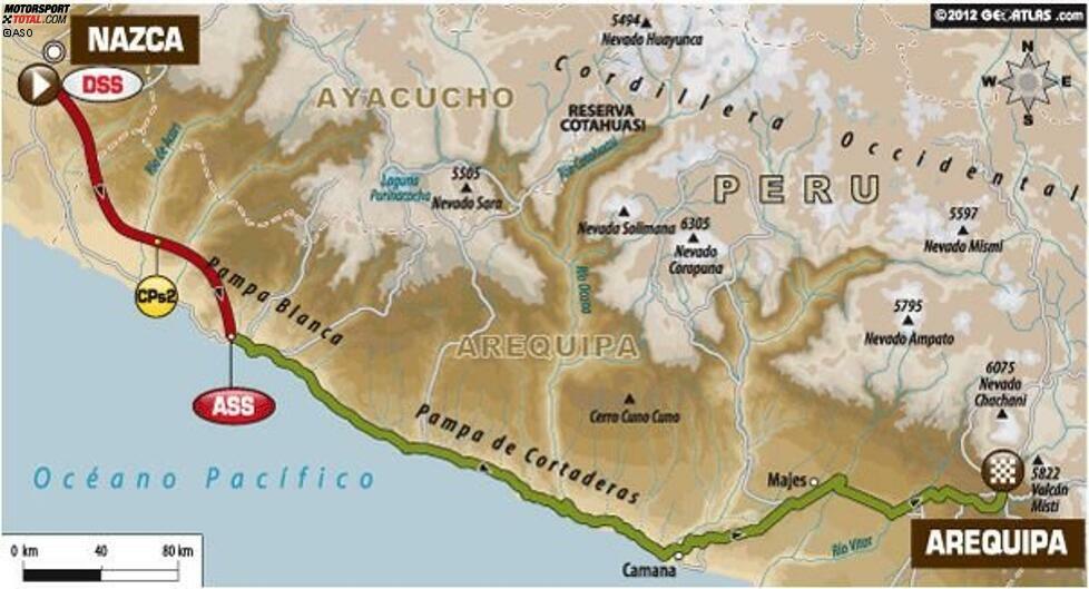 Der Härtetest der ersten Dakar-Woche, der im vergangenen Jahr selbst den besten Dakar-Routiniers zugesetzt hat. Über mehr als 20 Kilometer folgt eine feinsandige Düne auf die nächste. Hier kann man keinen Zeitvorsprung herausfahren, aber viel Zeit verlieren.
08. Januar: Nasca - Arequipa
718 Gesamtkilometer
289 Kilometer Wertungsprüfung