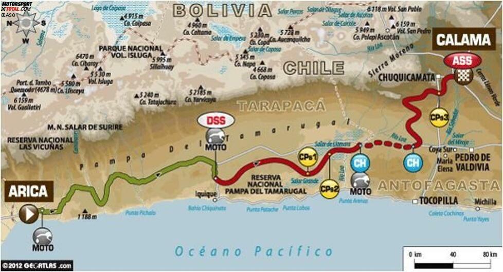 Bei der ersten Etappe, die vollständig in Chile gefahren wird, geht es in die berühmt-berüch­tigte Atacama-Wüste, der trockensten Region der Erde, die 100 Mal trockener ist als das Death Valley in Kalifornien. Sand und Dünen dominieren zwei Drittel der Prüfungsstrecke Hinzu kommen Passagen durch den tückischen 