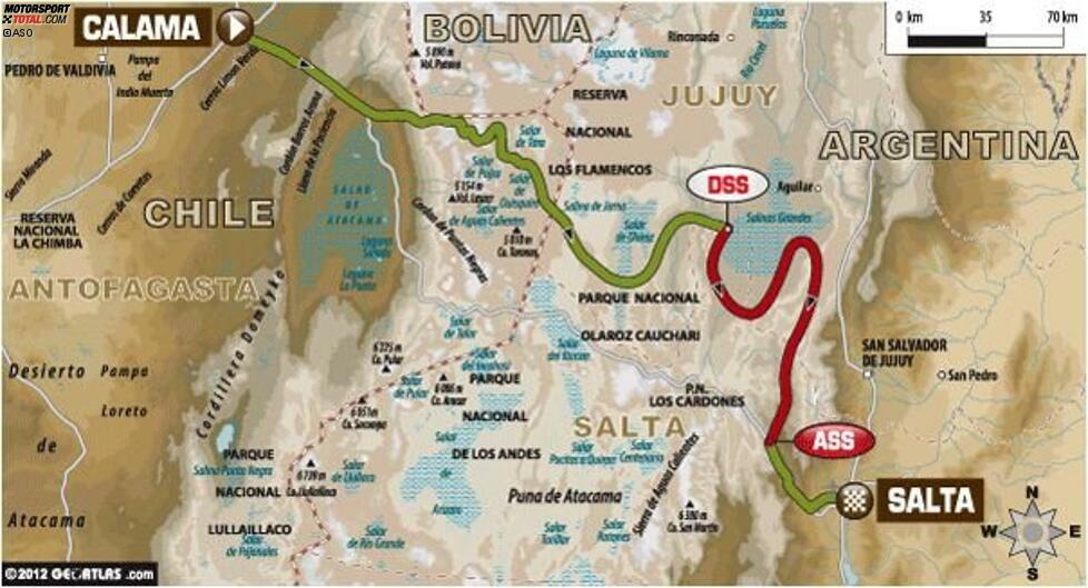 Die Grenze zwischen Chile und Argentinien wird passiert, und es geht in die Anden. Das Highlight: Argentiniens höchster Bergpass in einer Höhe von 4.975 Metern. Noch nie führte eine Dakar-Etappe in eine größere Höhe, die wiederum die Leistung der Motoren reduziert und damit die Geschwindigkeiten niedriger werden lässt. Trotz des geringen Tempos ist diese Anden-Etappe eines der Highlights der Rallye Dakar 2013.
11. Januar: Calama - Salta
806 Gesamtkilometer
220 Kilometer Wertungsprüfung