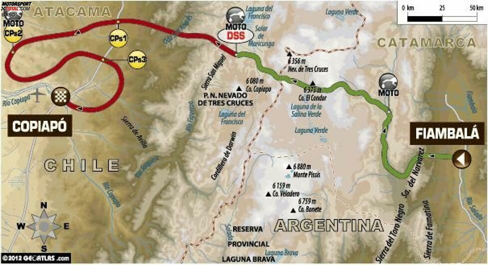 Nach dem Abstecher nach Argentinien kehrt die Rallye Dakar nach Chile zurück. Über den Paso San Francisco geht es noch einmal in 4.700 Meter Höhe über die Anden in die Atacama-Wüste. Nach der Hälfte der Etappe warten erneut ausgedehnte Dünenfelder auf die Teilnehmer. Dann wird es noch einmal schroff und steinig, bevor das Etappenziel in Copiapo erreicht wird.
17. Januar: Fiambala - Copiapo
688 Gesamtkilometer
319 Kilometer Wertungsprüfung