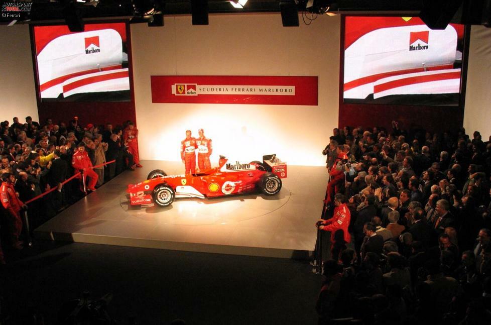 2002: Ferrari F2002. Fahrer- und Konstrukteurs-Weltmeister. 15 Siege. - Der F2002 wird bereits am 7. Februar präsentiert, kommt aber erst ab dem dritten (Michael Schumacher) beziehungsweise vierten Rennen (Rubens Barrichello) zum Einsatz. Der sogenannte Car-Launch findet vor 600 Zuschauern in der Ferrari-Straßenmotoren-Fabrik in Maranello statt. Der F2002 soll 15 seiner 19 Grands Prix gewinnen und als eines der erfolgreichsten Formel-1-Autos aller Zeiten in die Geschichte eingehen.