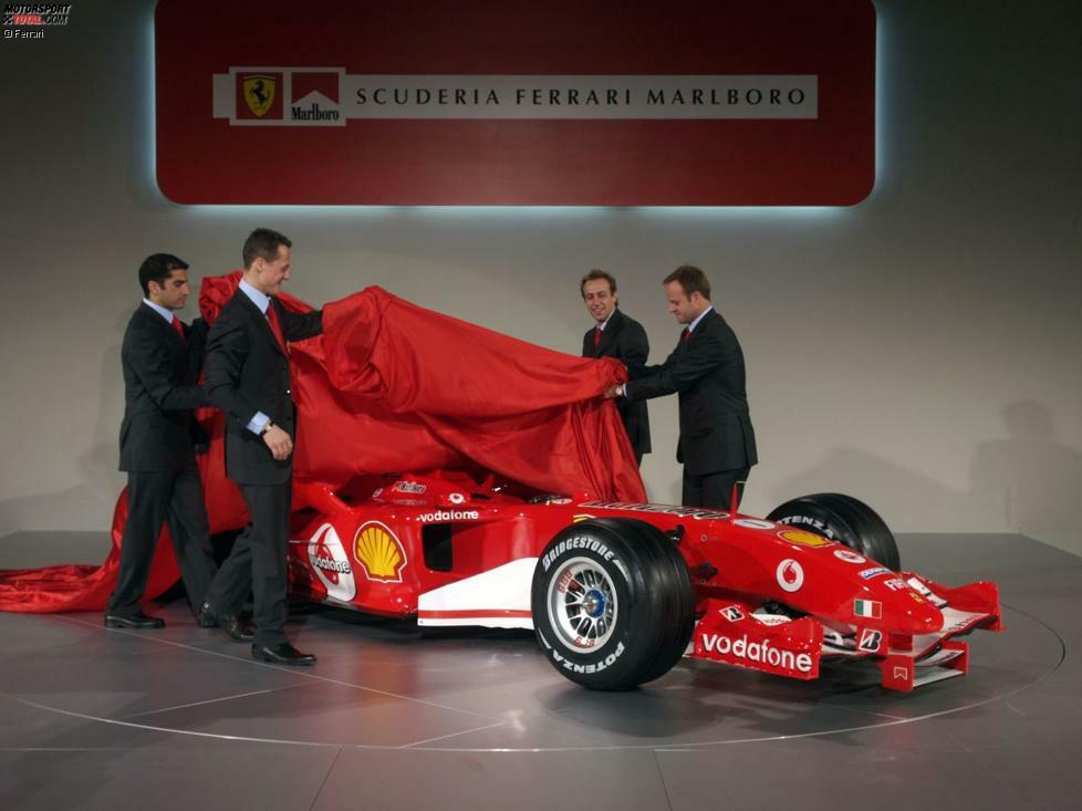 2005: Ferrari F2005. Dritter in der Fahrer- und Konstrukteurs-Weltmeisterschaft. Ein Sieg. - Der kleinere Rahmen der Präsentation deutet schon an, dass Ferrari in jener Saison kleinere Brötchen backen muss. Schumacher/Barrichello starten mit dem F2004-M, einer überarbeiteten Version des Vorjahreswagens, in die Saison. Der einzige Sieg gelingt dann mit Neuwagen beim Michelin-Skandalrennen in Indianapolis, wo die beiden Ferraris nur Jordan und Minardi schlagen müssen.