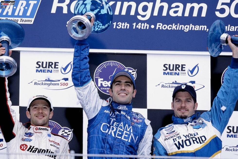 Der emotionale Höhepunkt seiner bisherigen Karriere: Der in den USA lebende Schotte Franchitti gewinnt im Sommer 2002 sein Heimrennen im englischen Rockingham vor Cristiano da Matta (links) und Patrick Carpentier (rechts).