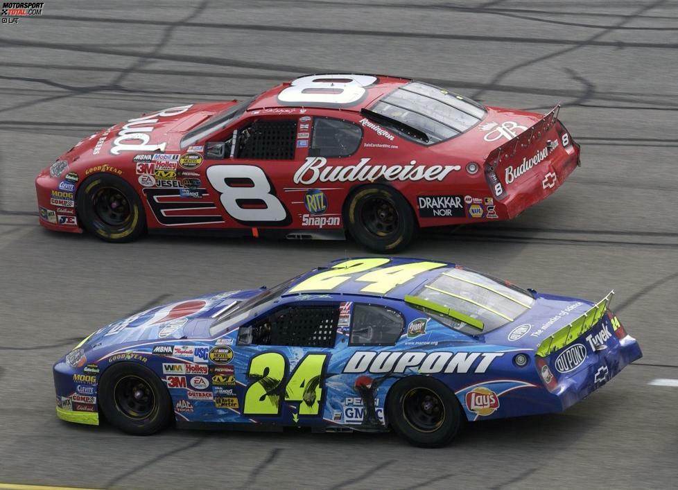 Nach dem Beton-Pech von Martinsville geht es in Jeff Gordons Saison 2004 aufwärts. In Talladega und Fontana gewinnt er zwei Rennen in Folge. Der Talladega-Sieg (Foto) kommt gegen Dale Earnhardt Jr. zustande und kommt bei dessen Fans gar nicht gut an. 