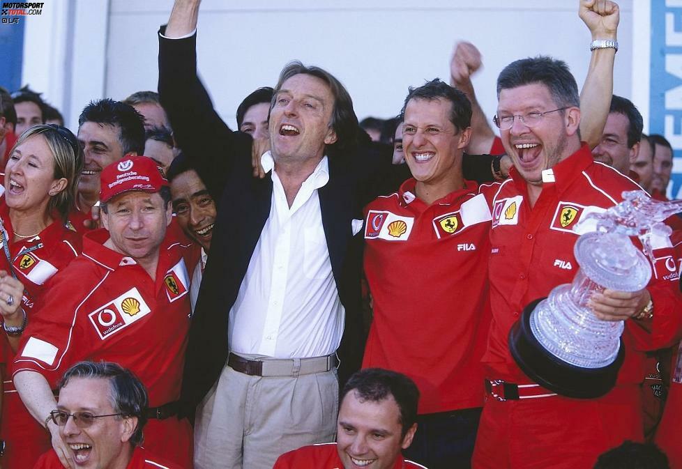 Die Formel 1 sieht rot: Teamchef Jean Todt, Ferrari-Boss Luca di Montezemolo, Starpilot Michael Schumacher und Technikchef Ross Brawn waren die Architekten des Erfolgs. Von 2000 bis 2004 holte man acht Fahrer- und Konstrukteurs-WM-Titel. 2005 und 2006 lief es...