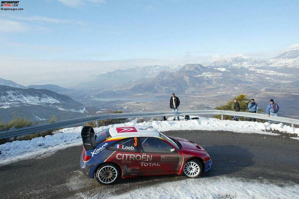 1999 dreht Sebastien Loeb seine ersten Runden in einem WRC-Auto, 2002 - hier ein Foto von der Rallye Monte Carlo - dreht er schon regelmäßig seine Runden im WM-Zirkus. Bei der Rallye Deutschland gewinnt Loeb erstmals einen WRC-Lauf, 2004 seinen ersten von insgesamt neun WM-Titeln.