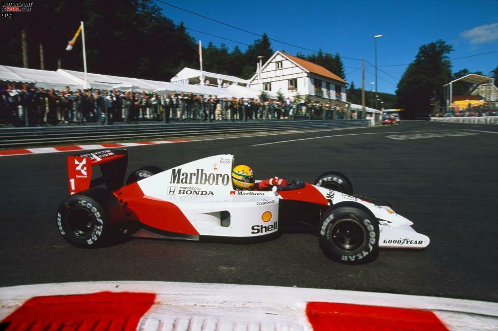 Doch aus einer Not wurde eine Tugend: Der weiß-rote McLaren mit Ayrton Senna und Alain Prost - hier 1991 in Spa-Francorchamps mit dem Brasilianer am Steuer - ist heute eine der ganz großen Ikonen der Formel-1-Geschichte.