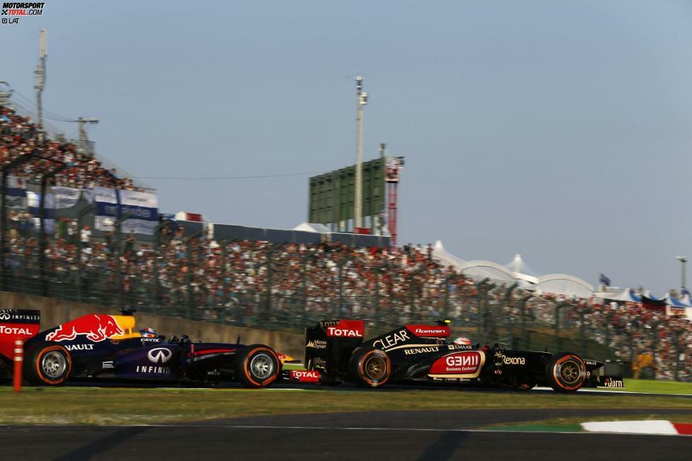 ... und auf seiner Lieblingsstrecke in Suzuka folgt Nummer fünf - nach hartem Kampf, unter anderem gegen Lotus-Renault-Pilot Romain Grosjean. Am Saisonende 2013 steht er bei neun Siegen in Serie. Das ist bis heute Rekord!