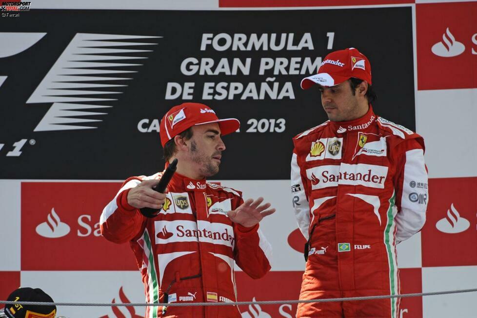Der Spanien-Grand-Prix ist auch für Massa etwas Besonderes: Er steht zum 36. und letzten Mal als Ferrari-Fahrer auf dem Podium. Aber das Schicksal fügt sich nach tollem Saisonauftakt schon im Barcelona-Qualifying gegen ihn: Obwohl nur eine Tausendstelsekunde langsamer als Alonso, steht er vier Positionen dahinter - wegen einer Rückversetzungs-Strafe.