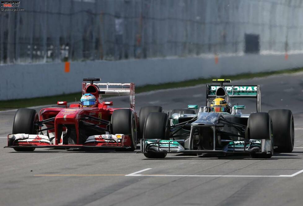 Während Massa in Kanada den nächsten Trainingscrash baut, im Rennen aber vom 16. Startplatz kommend noch Achter wird, fightet Alonso die beiden Mercedes-Silberpfeile nieder und wird hinter dem verdienten Sieger Sebastian Vettel starker Zweiter. Nur die anfängliche Qualifying-Stärke ist Ferrari längst abhanden gekommen.