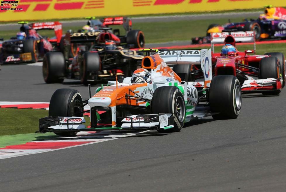 Nach einem weiteren Pleiten-, Pech- und Pannen-Grand-Prix in Montreal ist Sutil in Silverstone so nahe an einem Podium dran wie nie zuvor: Vierter nach der ersten Runde, Dritter nach dem Safety-Car-Restart - aber weil diejenigen besser pokern, die doch noch einmal Reifen wechseln, fällt er im Finish auf Platz sieben zurück.