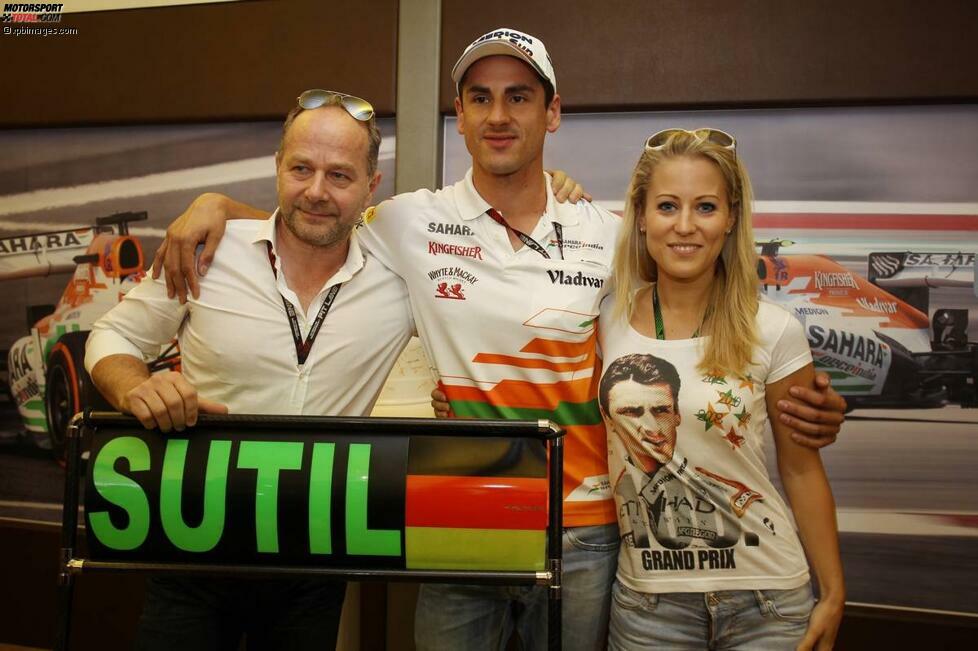 In Ungarn bestreitet Sutil den 100. Grand Prix seiner Karriere (im Bild mit Manager Manfred Zimmermann und Freundin Jennifer Becks), doch sportlich befindet sich Force India inzwischen auf Talfahrt. So gut der VJM06 am Saisonbeginn mit den ursprünglichen Pirelli-Reifen funktioniert hat, so sehr schmerzt jetzt die Umstellung auf neue Gummi-Spezifikationen.