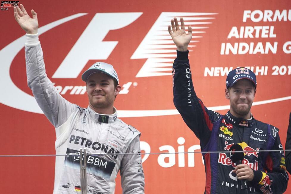 Sportlich kann man in den verbleibenden Wochen nur wenige Akzente setzen. Neben Sebastian Vettel sehen einfach alle anderen Fahrer in den letzten Saisonrennen alt aus. Immerhin schafft es Rosberg in Indien und Abu Dhabi noch zweimal auf das Podest, bevor er in den USA mit Platz 14 im Qualifying total abstürzt. Hamiltons restliche Rennen sind von wenigen Tiefen geprägt - aber auch von wenigen Höhen. Vom aufregenden Saisonstart ist man mittlerweile weit entfernt.