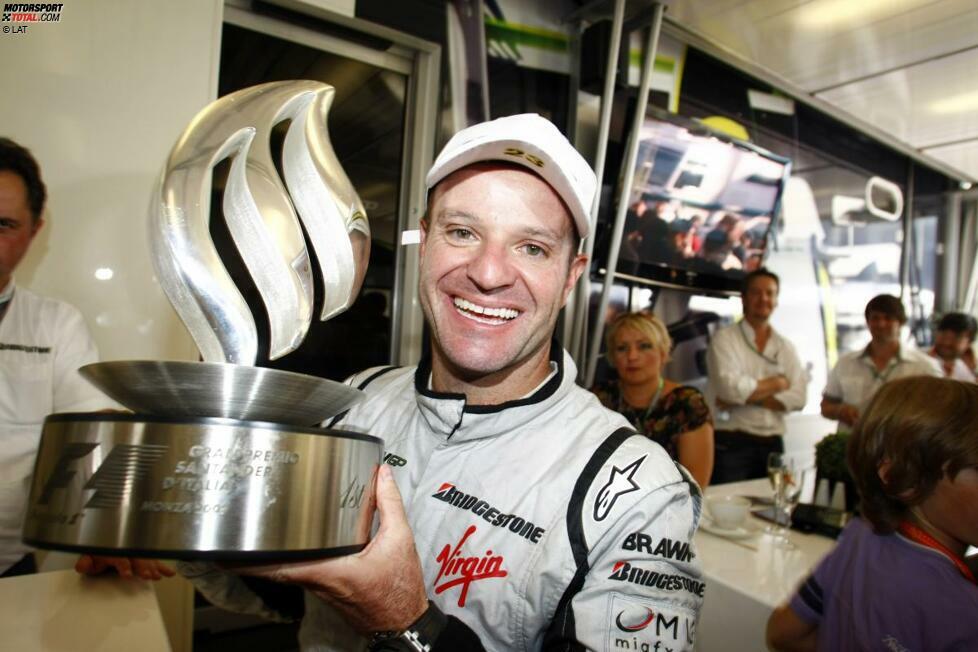 Der letzte von Barrichellos insgesamt elf Grand-Prix-Siegen: Monza 2009 im Brawn-Mercedes. Mit dem WM-Titel wird es aber nichts. Den reißt sich Teamkollege Jenson Button unter den Nagel.