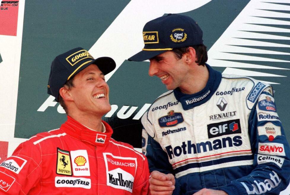 1996: Damon Hill kommt als WM-Leader nach Suzuka, wo erstmals das Saisonfinale stattfindet. Sein Vorsprung auf Williams-Teamkollege Jacques Villeneuve beträgt neun Punkte - Villeneuves Chancen sind also nur noch rechnerischer Natur. Und während Villeneuve im Rennen ausscheidet, spielt Hill die Dominanz des Williams aus, gewinnt den Grand Prix und - im dritten Anlauf - seinen ersten Titel. Da gratuliert sogar Erzfeind Michael Schumacher, 1996 im Ferrari ohne jede Titelchance.