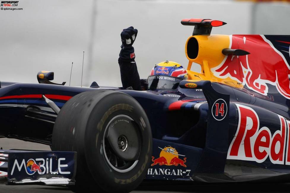 Nürburgring 2009: Endlich gewinnt Webber seinen ersten Grand Prix - im 130. Anlauf. So lang hat vor ihm noch niemand gebraucht. Nicht einmal Rubens Barrichello (124).
