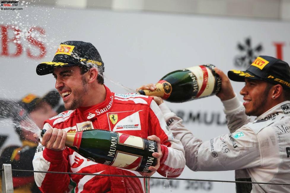 Genauso groß wie Mansell: Fernando Alonso feiert beim Grand Prix von China seinen 31. Sieg. In der ewigen Bestenliste der Formel 1 liegen nun nur noch Schumacher (91), Prost (51) und Senna (41) vor ihm. WM-Stand nach drei von 19 Rennen: Vettel 52 - Räikkönen 49 - Alonso 43 - Hamilton 40.