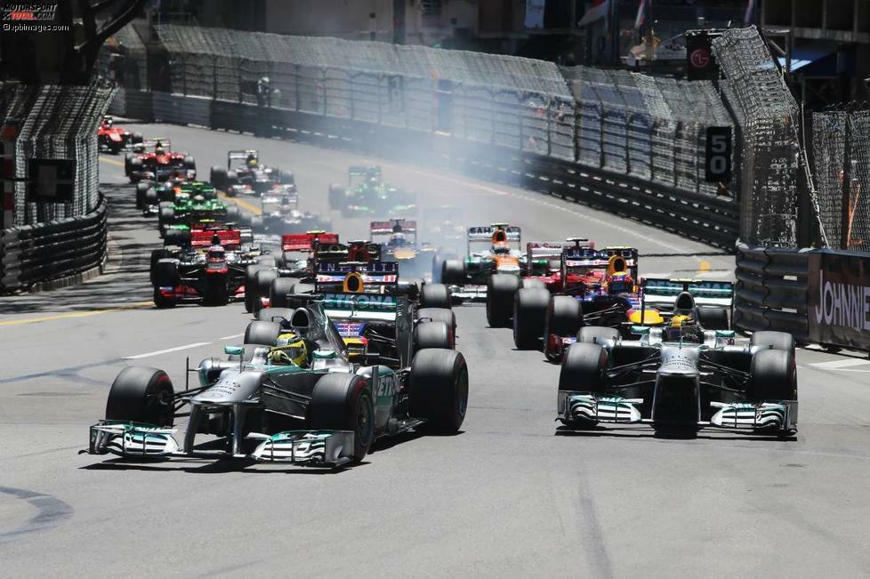 Monaco, das erste Rennen nach dem Mercedes-Geheimtest: Plötzlich halten die Pirellis am Silberpfeil einigermaßen - und Rosberg/Hamilton schirmen Vettel im Red Bull am Start perfekt ab. Hamilton können die Red Bulls durch einen clever getimten Boxenstopp noch knacken, Rosberg nicht mehr.
