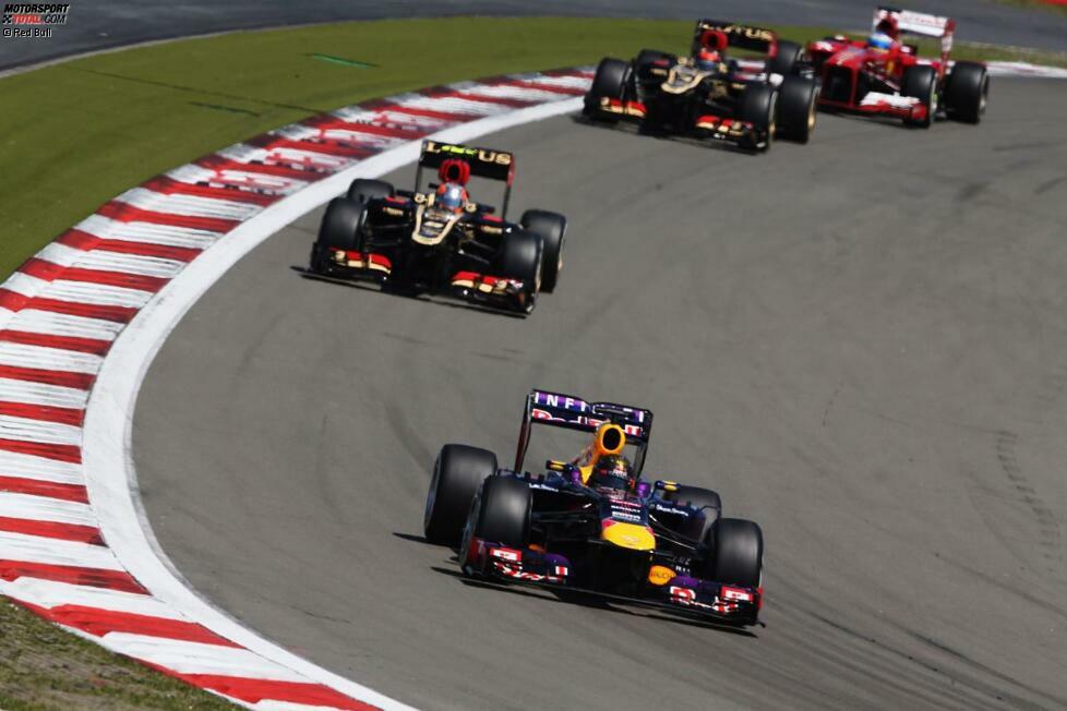 Das Rennen gewinnt Sebastian Vettel nach hartem Kampf vor den beiden Lotus-Piloten - Räikkönen setzt ihn in der Schlussphase mit frischeren Reifen mächtig unter Druck - und Fernando Alonso.