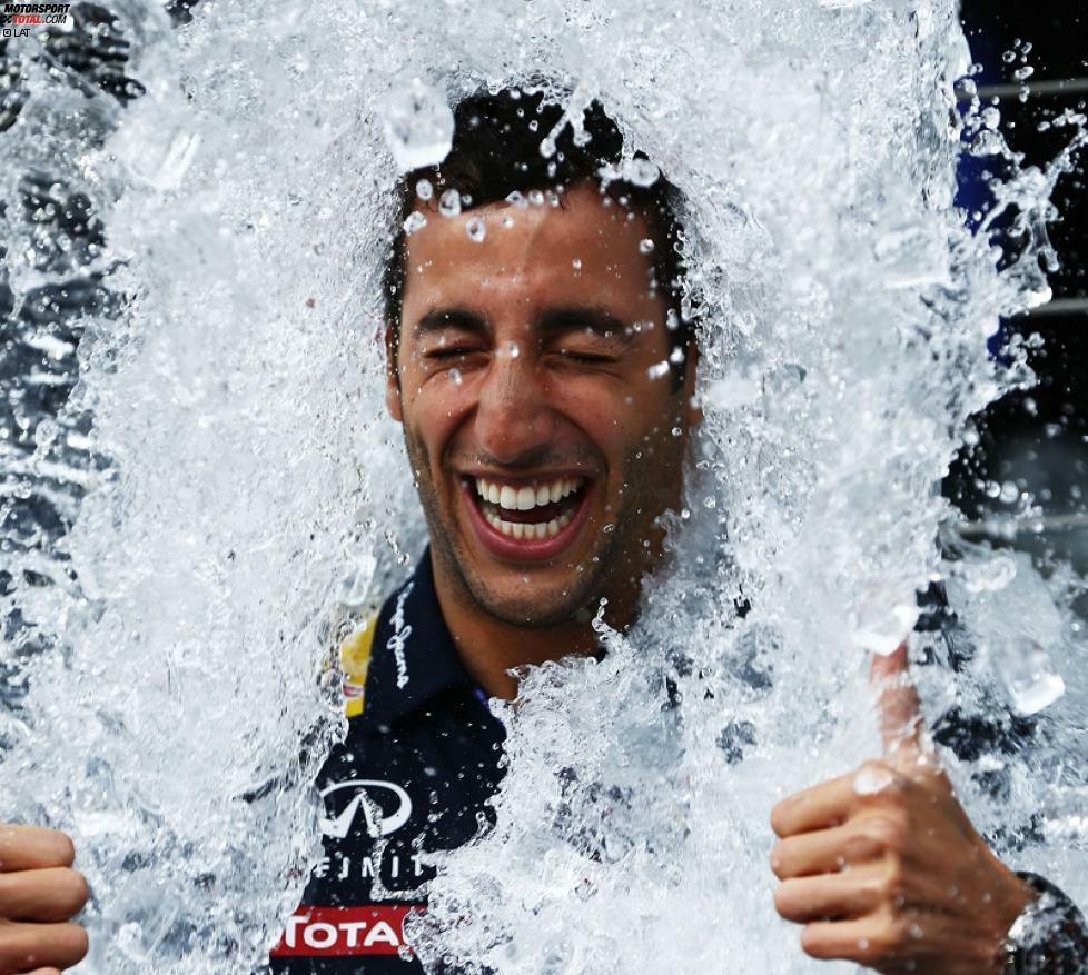 Erster Formel-1-Star, der sich für den guten Zweck Eiswasser über den Kopf schütten lässt: Daniel Ricciardo. Nicht einmal da vergeht dem ewigen Sonnyboy sein Dauergrinsen.