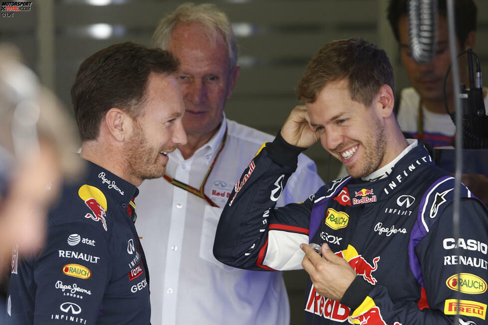 Frisch geschieden, aber offenbar glücklich damit: Christian Horner, Helmut Marko und Sebastian Vettel am Samstagmorgen, kurz nach der völlig überraschenden Bekanntgabe ihrer Trennung. Man gehe im Guten auseinander, heißt es. Sieht tatsächlich so aus.