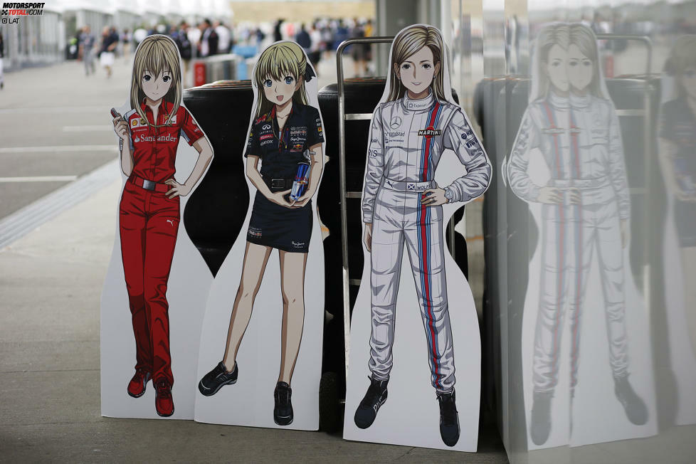 Die Japaner und ihre Anime. Wir glauben auf diesem Foto zu erkennen: die Pressesprecherinnen Stefania Bocchi (Ferrari) und Katie Tweedle (Red Bull) sowie Williams-Testfahrerin Susie Wolff. Aber diese Europäerinnen sehen ja alle gleich aus...