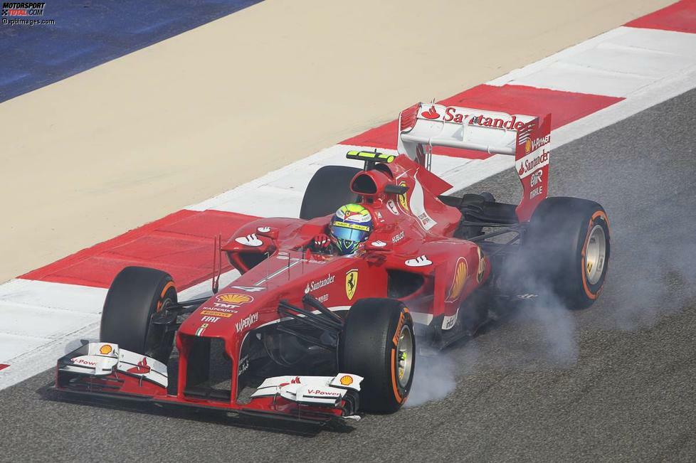 Ähnlich glücklos verläuft auch das Rennen von Felipe Massa. Ihn trifft es jedoch am vorderen Flügel und das schon gleich beim Start, als sich Adrian Sutil an der Front des Ferrari die Reifen beschädigt. Für beide geht das Rennen zwar weiter, im Verlauf wird Massa jedoch gleich von zwei Reifenschäden heimgesucht und landet am Ende nur auf Platz 15.