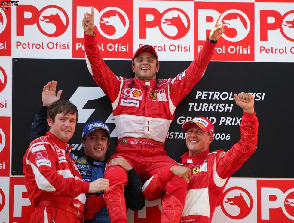 Auch Massa erster Sieg lässt nicht lange auf sich warten. In der Türkei ist er der strahlende Sieger und kann auf dem Podium mit Kollege Schumacher anstoßen, der das Rennen als Dritter beendet.