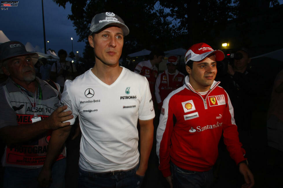 2010 hat Schumacher seine Verletzung jedoch auskuriert und Massa kann sich über die Rückkehr seines Freundes freuen, wenn auch nicht als Teamkollege. Denn der Deutsche unterschreibt bei Mercedes, um dem neu aufgestellten Werksteam unter die Arme zu greifen.  Seine Erfolge halten sich dort aber in Grenzen. Er belegt am Ende des Jahres Rang neun in der Gesamtwertung, während Massa als Sechster gewertet wird.
