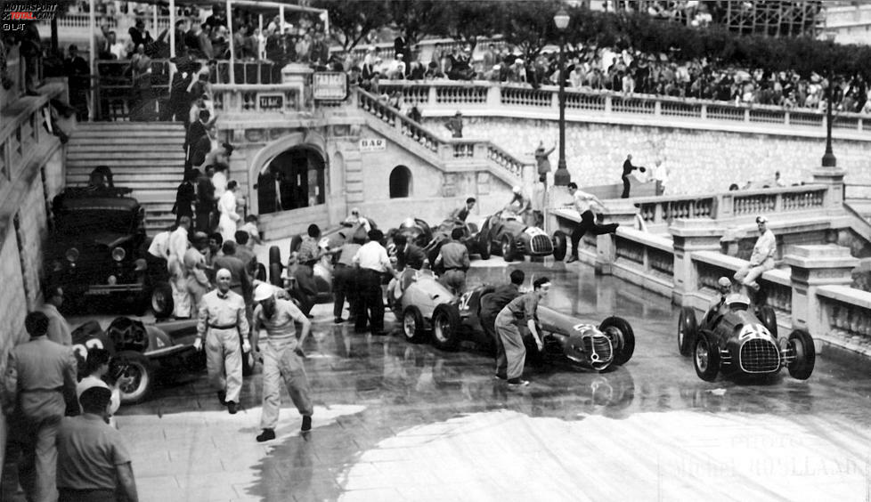 Der Startschuss 1950: Das zweite Rennen der Formel-1-Geschichte in Monaco und gleich der erste Massencrash. Zum Glück kommen alle Beteiligten schlimmstenfalls mit leichten Verletzungen davon. Alberto Ascari kann gerade noch ausweichen. Der erste Sieger in Monaco heißt aber Juan Manuel Fangio.
