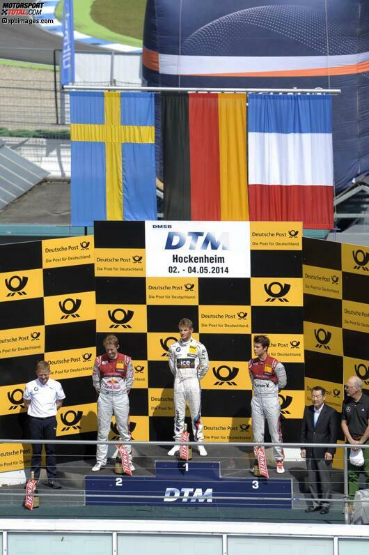 Hockenheim (Deutschland), 4. Mai 2014: Teamchef Stefan Reinhold (RMG-BMW), Mattias Ekström (Abt-Sportsline-Audi/2.), Marco Wittmann (RMG-BMW/1.) und Adrien Tambay (Abt-Sportsline-Audi/3.)