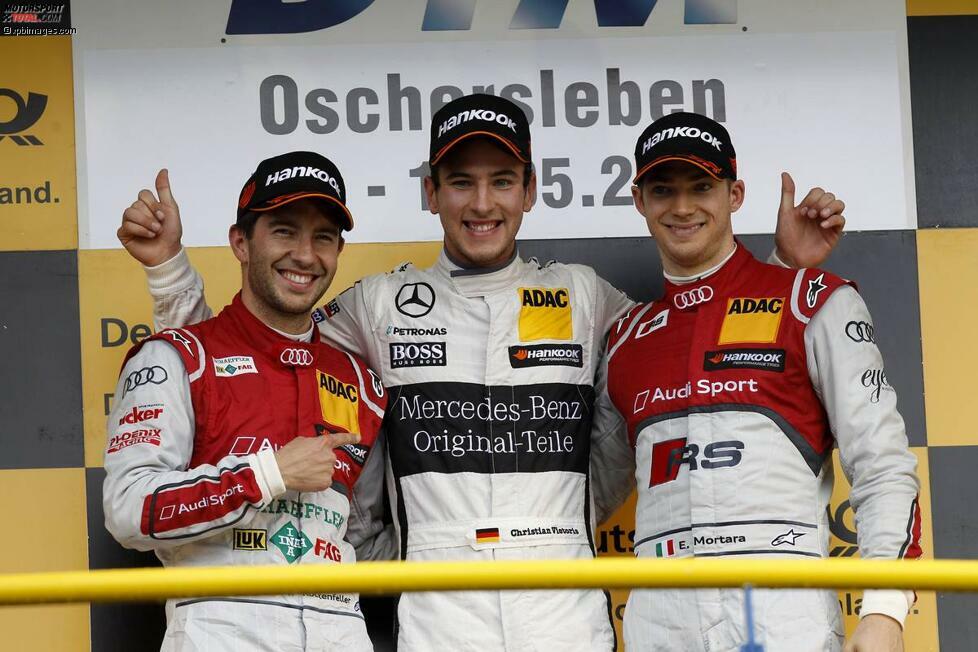 Oschersleben (Deutschland), 18. Mai 2014: Mike Rockenfeller (Phoenix-Audi/2.), Christian Vietoris (HWA-Mercedes/1.) und Edoardo Mortara (Abt-Audi/3.)