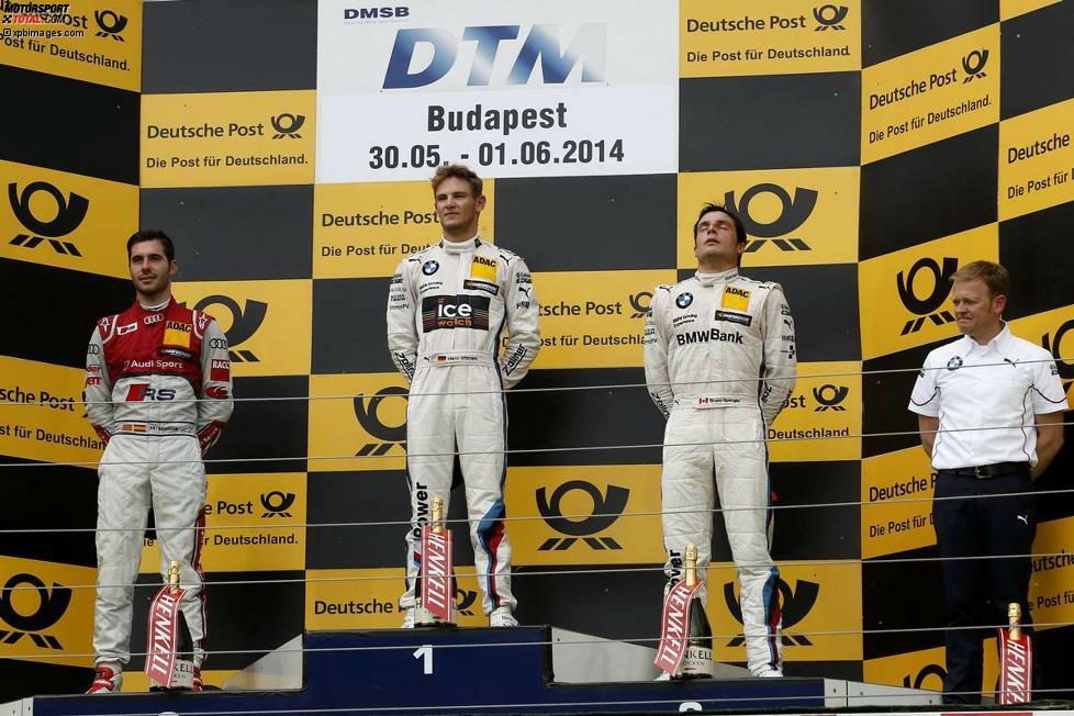 Budapest (Ungarn), 1. Juni 2014: Miguel Molina (Abt-Sportsline-Audi/2.), Marco Wittmann (RMG-BMW/1.) und Bruno Spengler (Schnitzer-BMW/3.)