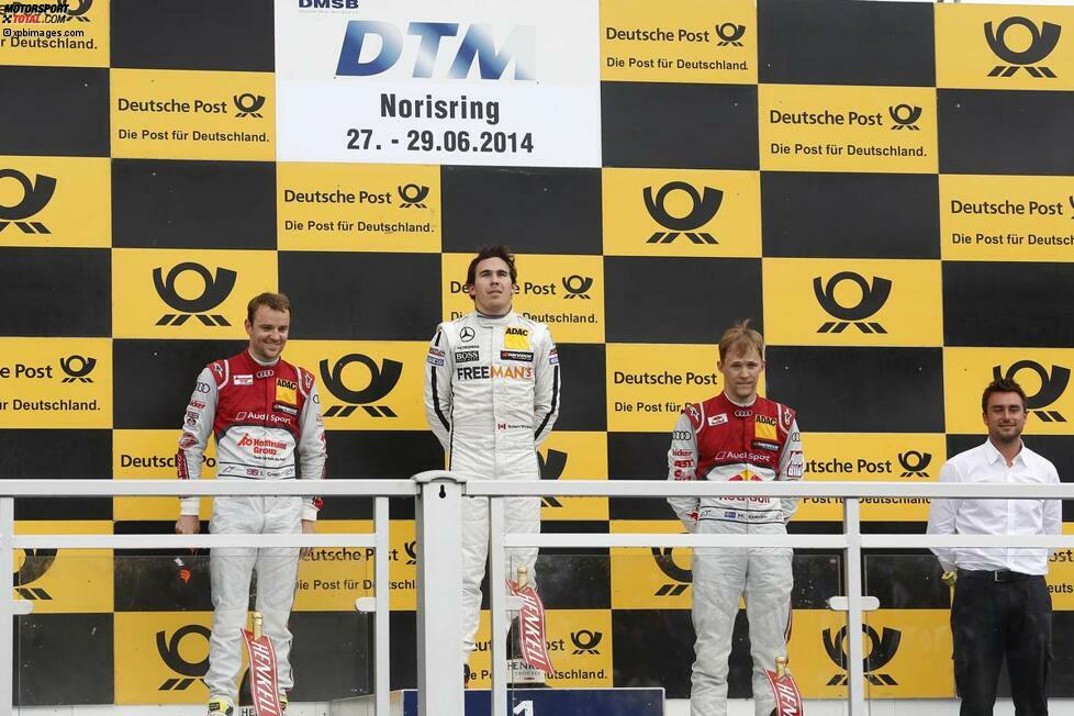 Nürnberg (Deutschland), 29. Juni 2014: Jamie Green (Rosberg-Audi/2.), Robert Wickens (HWA-Mercedes/1.) und Mattias Ekström (Abt-Sportsline-Audi/3.)
