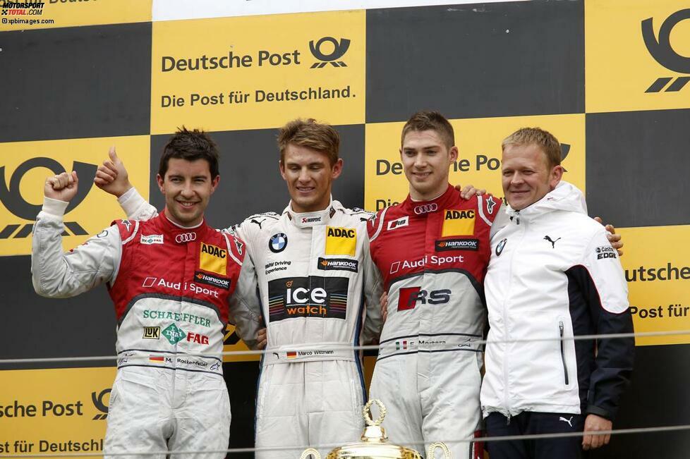 Nürburgring (Deutschland), 17. August 2014: Mike Rockenfeller (Phoenix-Audi/2.), Marco Wittmann (RMG-BMW/1.) und Edoardo Mortara (Abt-Audi/3.)