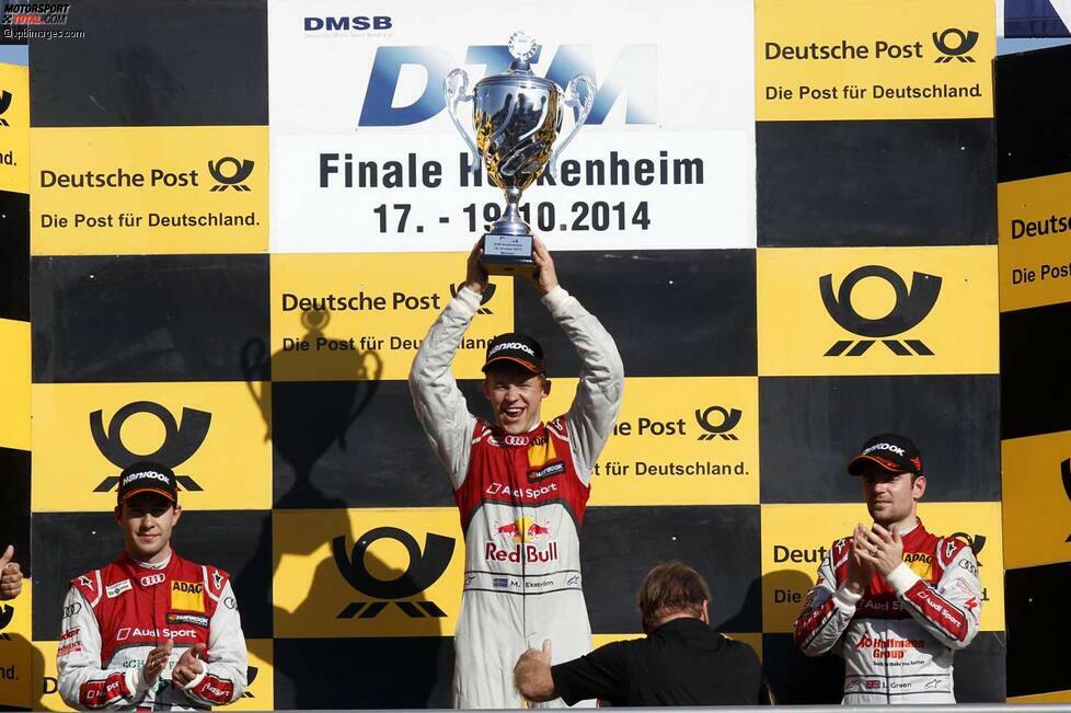 Hockenheim (Deutschland), 19. Oktober 2014: Mike Rockenfeller (Phoenix-Audi/2.), Mattias Ekström (Abt-Sportsline-Audi/1.) und Jamie Green (Rosberg-Audi/3.)