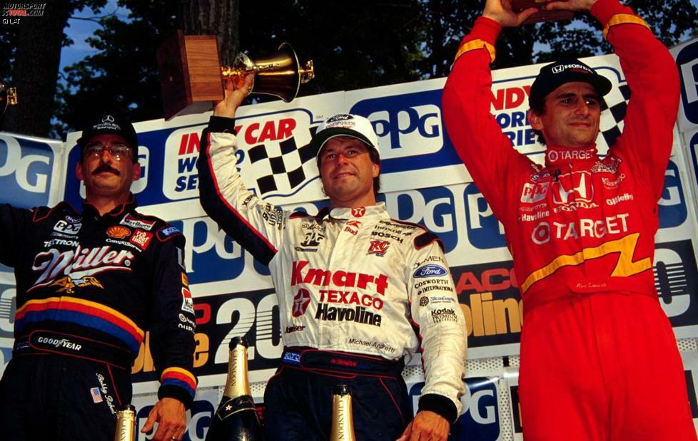 Insgesamt gewinnt Michael Andretti in seiner Karriere 42 IndyCar-Rennen, hier in Elkhart Lake 1996 mit Bobby Rahal und Alex Zanardi.