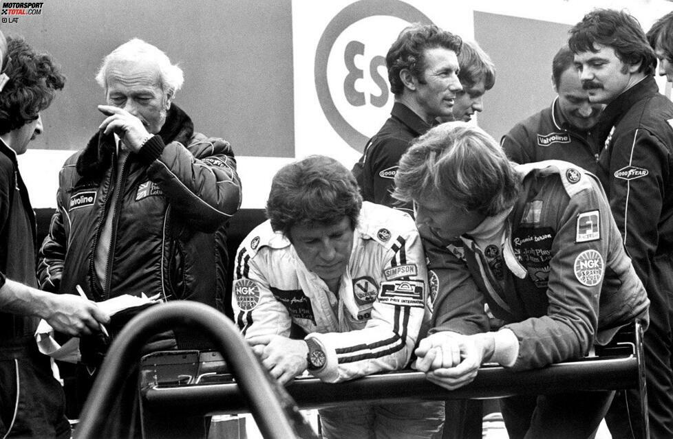 1978: Das Lotus-Team mit Mastermind Colin Chapman (li.), Mario Andretti und Ronnie Peterson dominiert die Formel 1 mit dem Lotus 79, dem ersten 