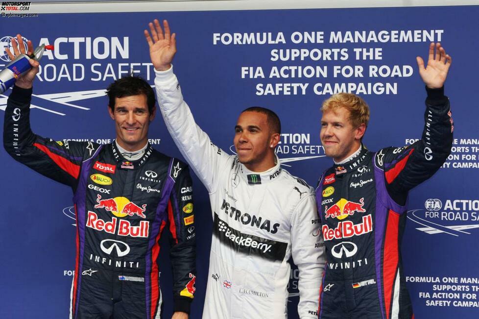 Lewis Hamilton ist der Glückliche, der die besten Streckenbedingungen und die schnellste Zeit erwischt. Er qualifiziert sich als Erster vor den Red-Bull-Fahrern Vettel und Mark Webber. Es ist schon die achte Mercedes-Pole der Saison, gewonnen haben die Silberpfeile 2013 allerdings erst zweimal.