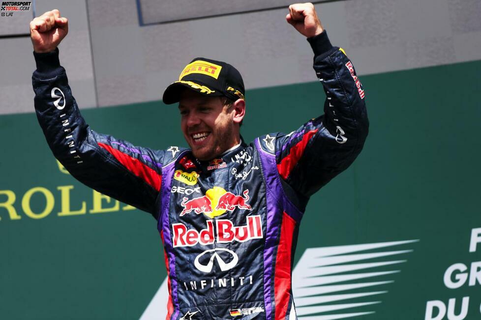 Im Ziel jubelt Vettel über seinen ersten Sieg in Montreal. Durch seinen dritten Erfolg im Jahr 2013 baut er seinen Vorsprung in der Gesamtwertung auf Fernando Alonso auf bereits 36 Punkte aus.